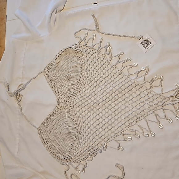 Hand Crafted Tan Crop-Top Fishnet triangular Design Hand Knit Crochet Swim Cover - Picture 14 of 17